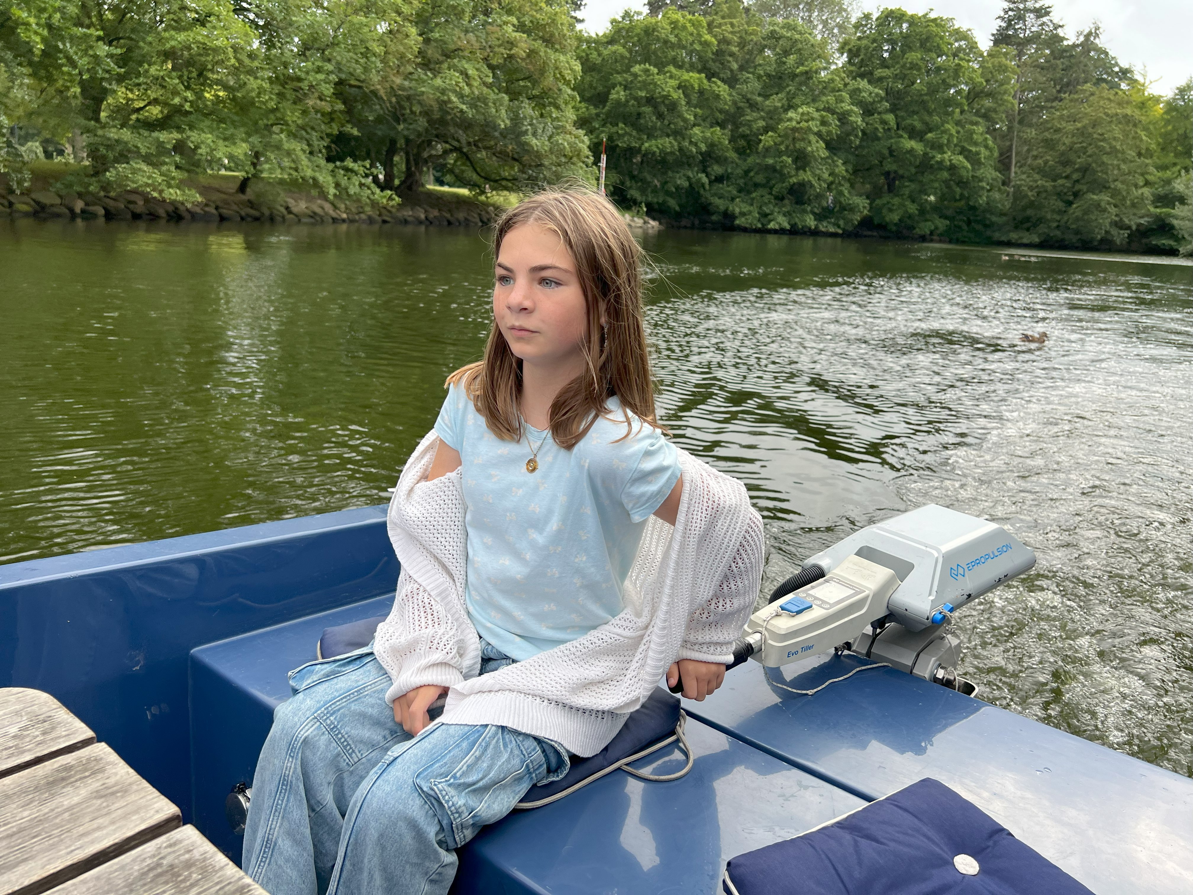 Harriet on the tiller